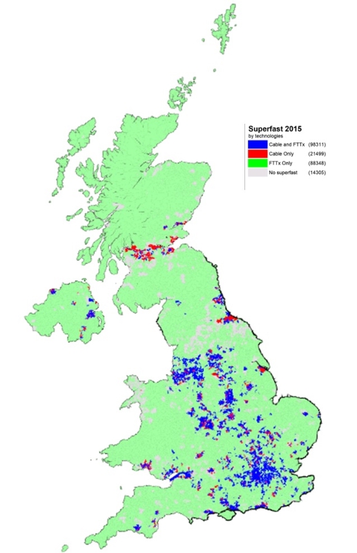 map of predicted uk superfast broadband coverage by technology