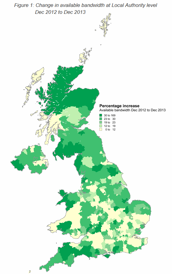 map of broadband bandwidth changes by uk region