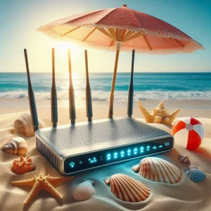 Broadand router in the sun on a beach CoPilot AI Image for MJ 24062024